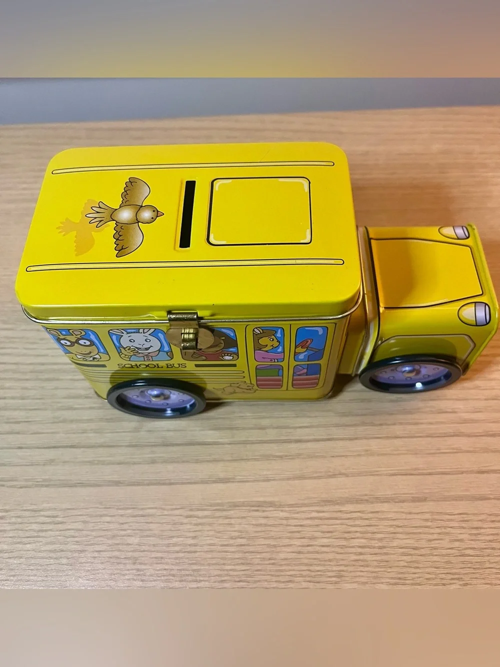 Vintage PBS Kids Arthur School Bus Yellow Tin Coin Bank - 1998 Marc Brown